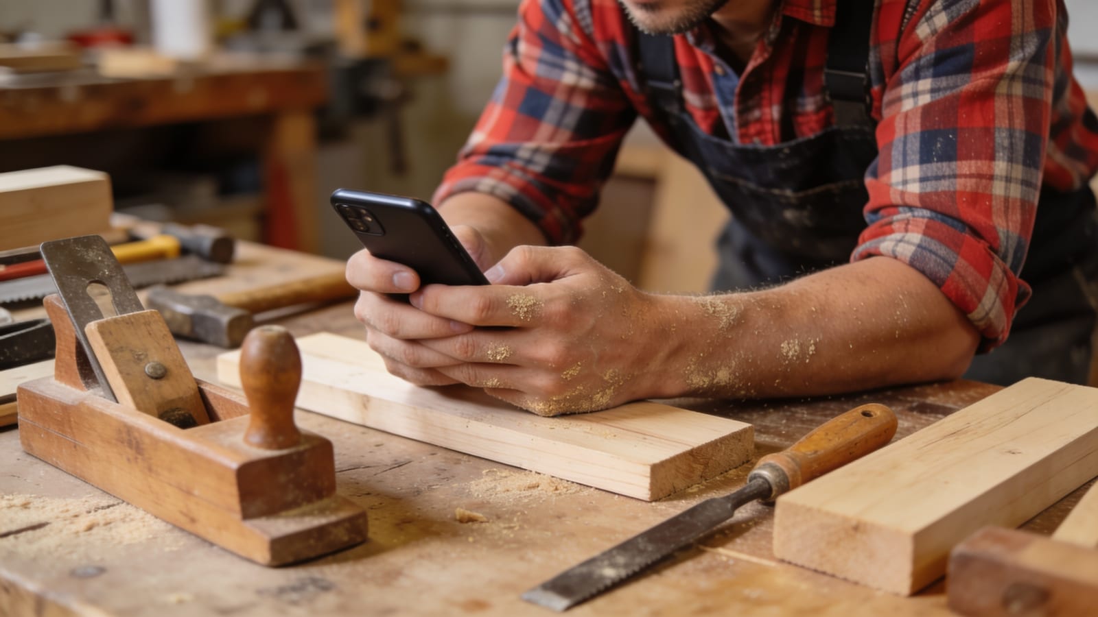 Artisan dans son atelier consultant un smartphone parmi ses outils sur un établi en bois