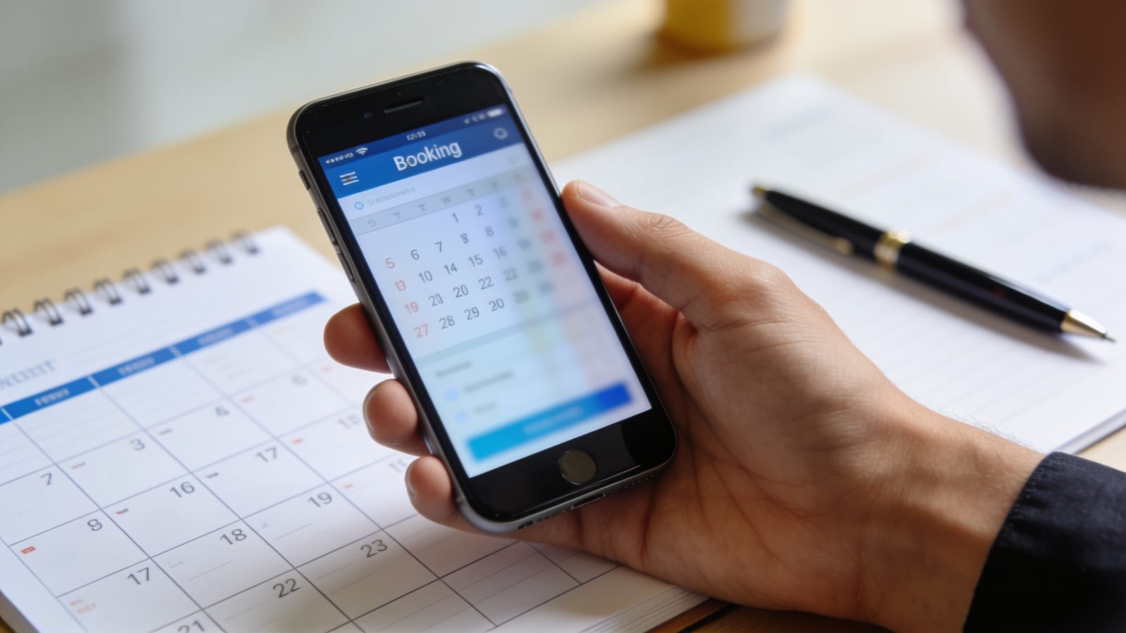 Main tenant un smartphone affichant un calendrier de rendez-vous, agenda papier et stylo sur le bureau