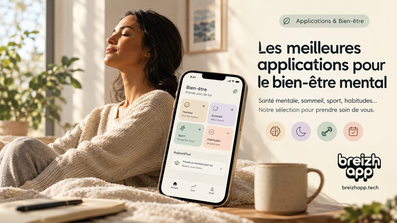 Femme détendue au soleil près d'un smartphone affichant une application bien-être : humeur, sommeil, sport et habitudes