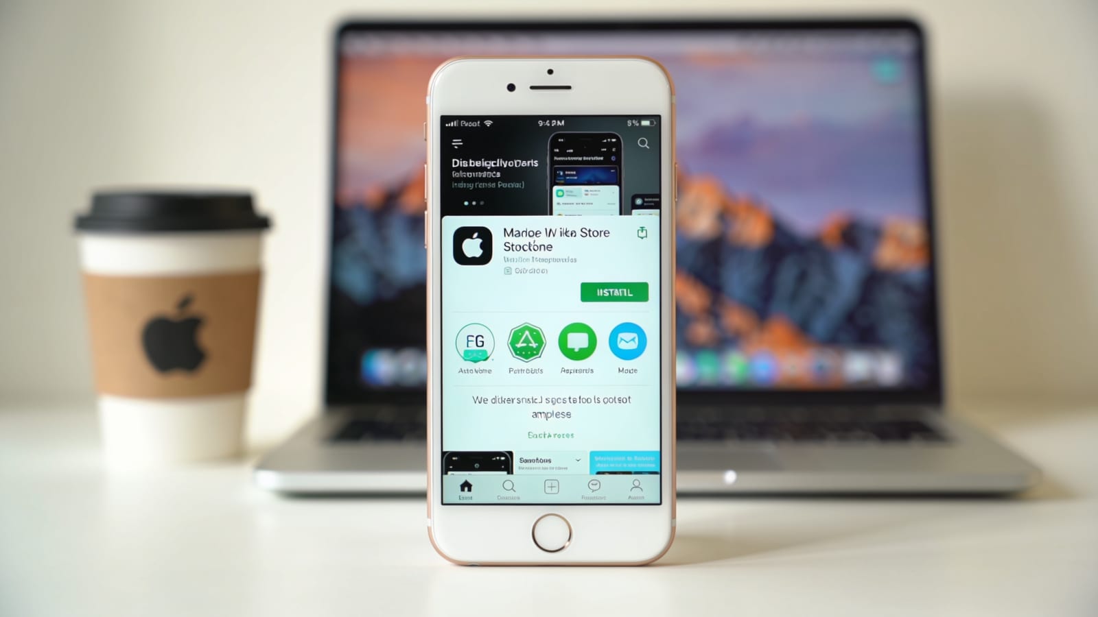 Smartphone affichant une grille d'icônes d'applications à côté d'un ordinateur portable avec un outil de design ouvert, sur un bureau lumineux