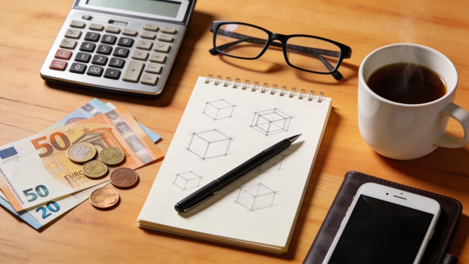 Bureau en bois avec calculatrice, billets et pièces en euros, carnet de croquis de wireframes, café et smartphone posé face contre table