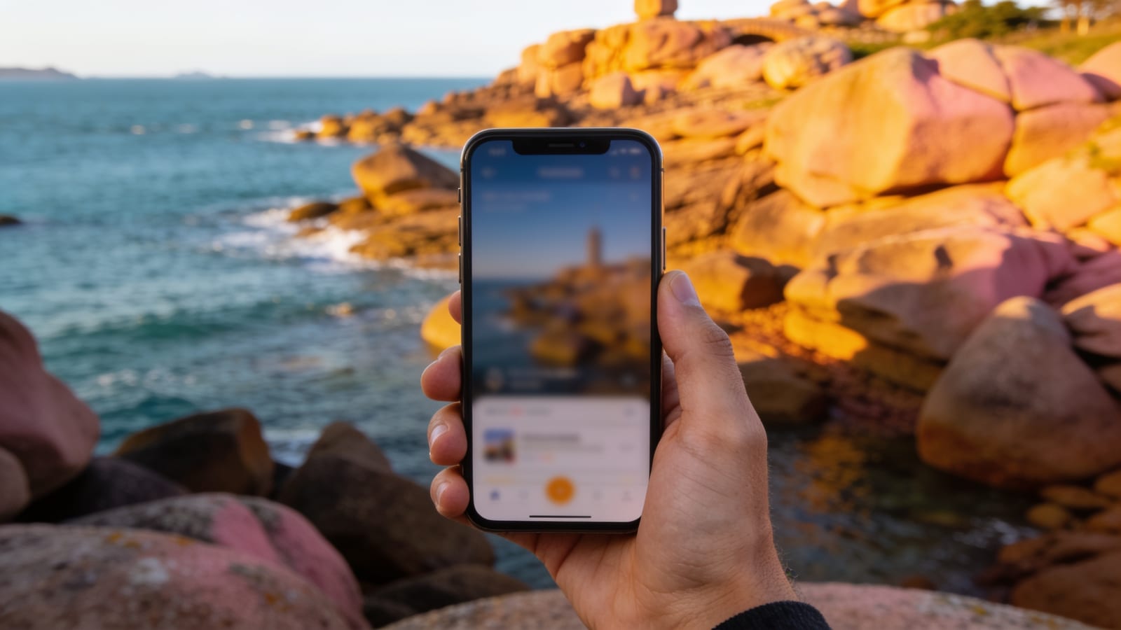 Main tenant un smartphone devant la côte de granit rose de Bretagne au coucher du soleil