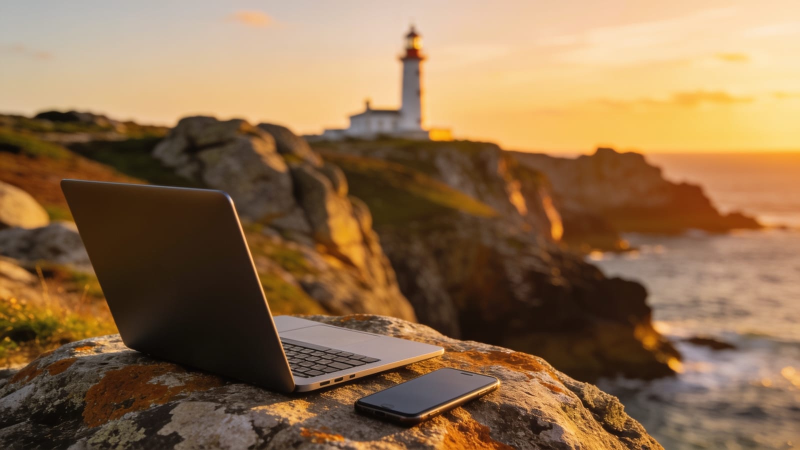Ordinateur portable et smartphone posés sur un rocher, falaises de la Pointe du Raz et phare au coucher du soleil en arrière-plan flou