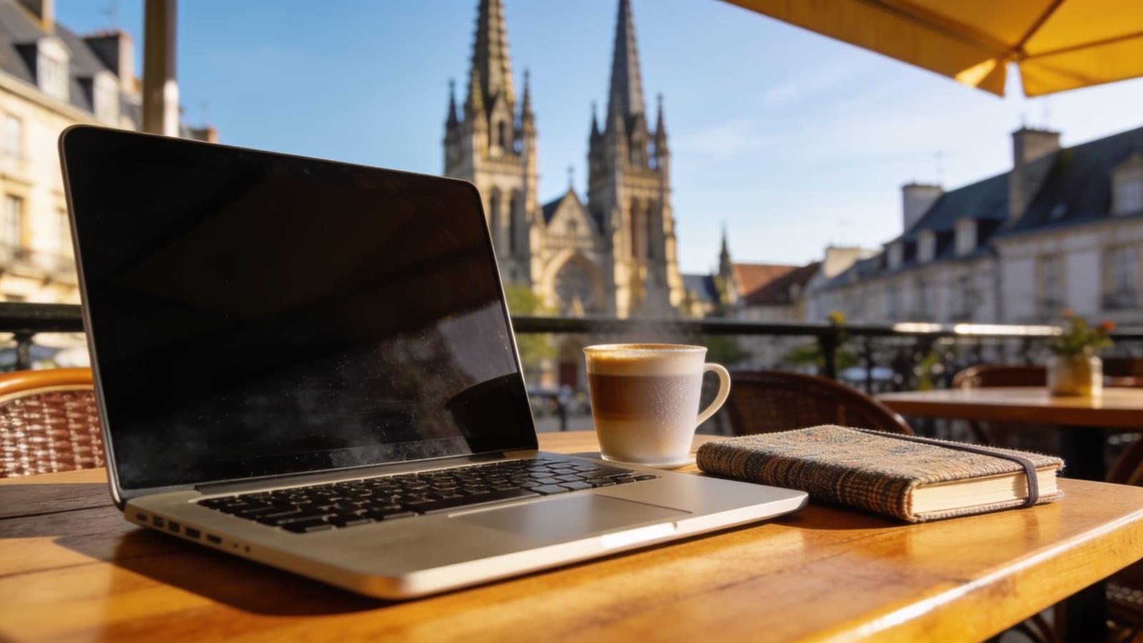 Ordinateur portable sur une table de terrasse de café, flèches de la cathédrale de Quimper en arrière-plan flou, café et carnet