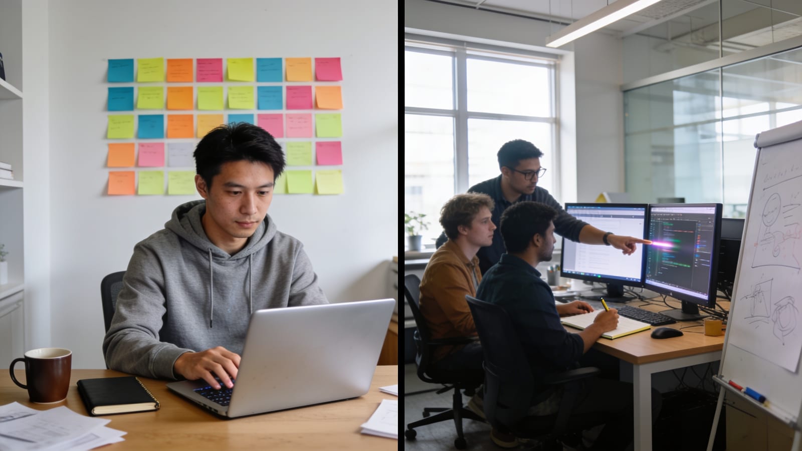 Image en deux parties : à gauche un développeur freelance seul à son bureau avec des post-it colorés, à droite une agence où plusieurs personnes collaborent devant des écrans