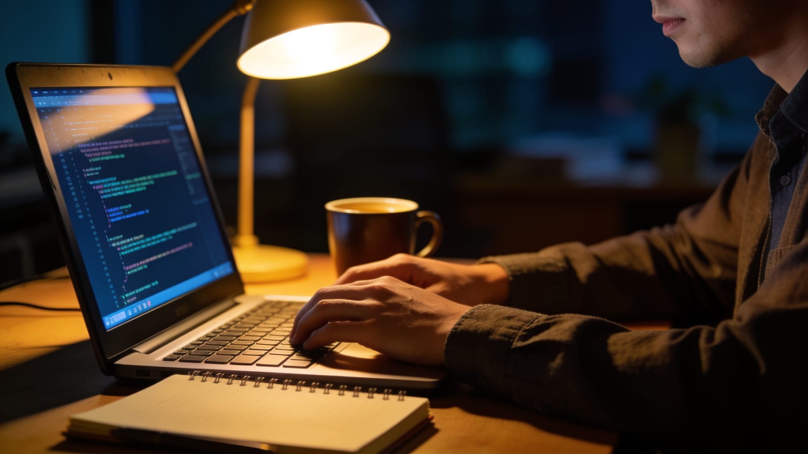 Personne travaillant tard sur un ordinateur portable dans un bureau faiblement éclairé, lumière chaude de lampe de bureau, carnet et café