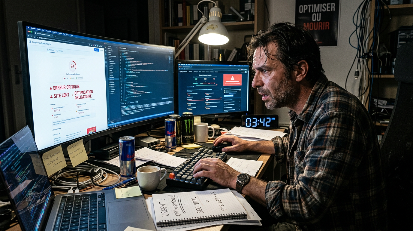Développeur face à plusieurs écrans affichant un audit de performance web avec alertes d'erreurs critiques et de site lent