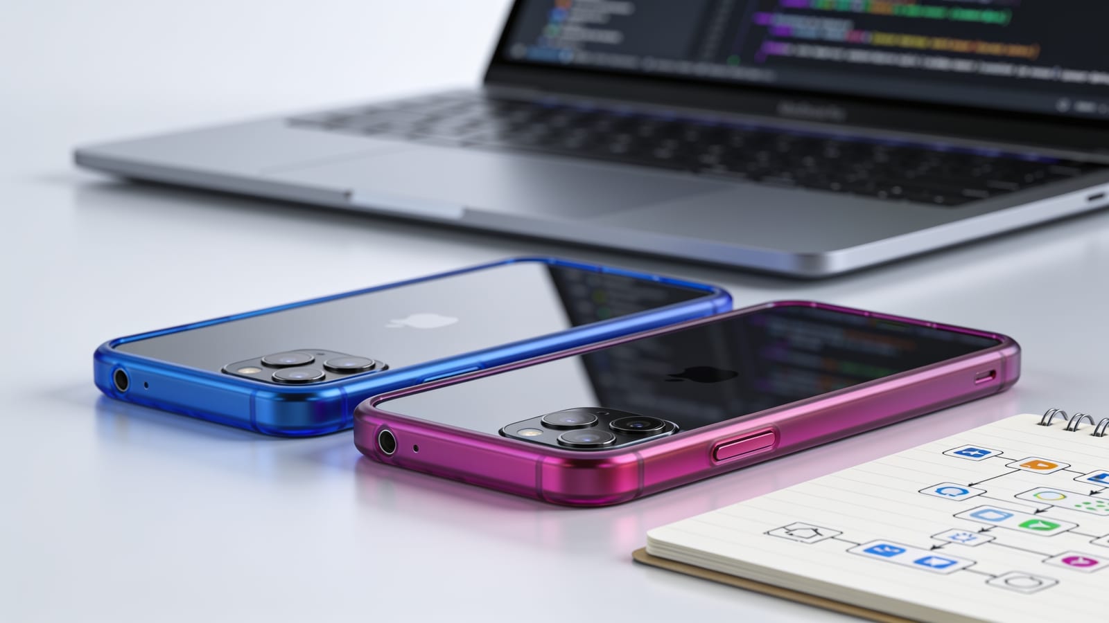 Deux smartphones posés côte à côte, l'un avec une coque bleue, l'autre magenta, devant un ordinateur portable affichant du code et un carnet de schéma de navigation