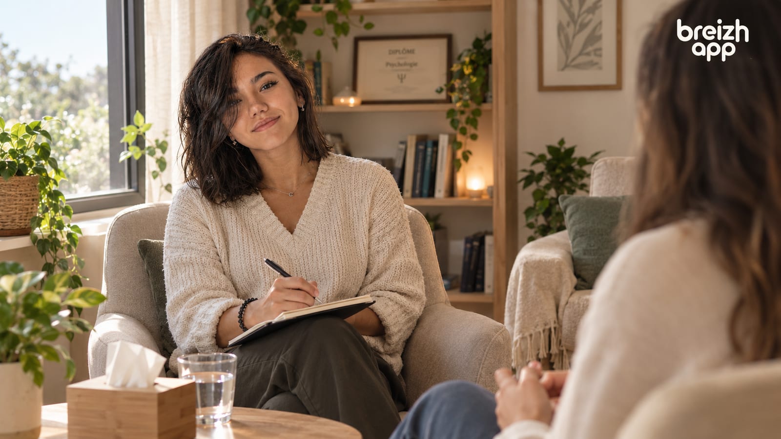 Psychologue souriante en séance dans son cabinet lumineux, carnet sur les genoux, face à une patiente, avec plantes, bibliothèque et diplôme au mur