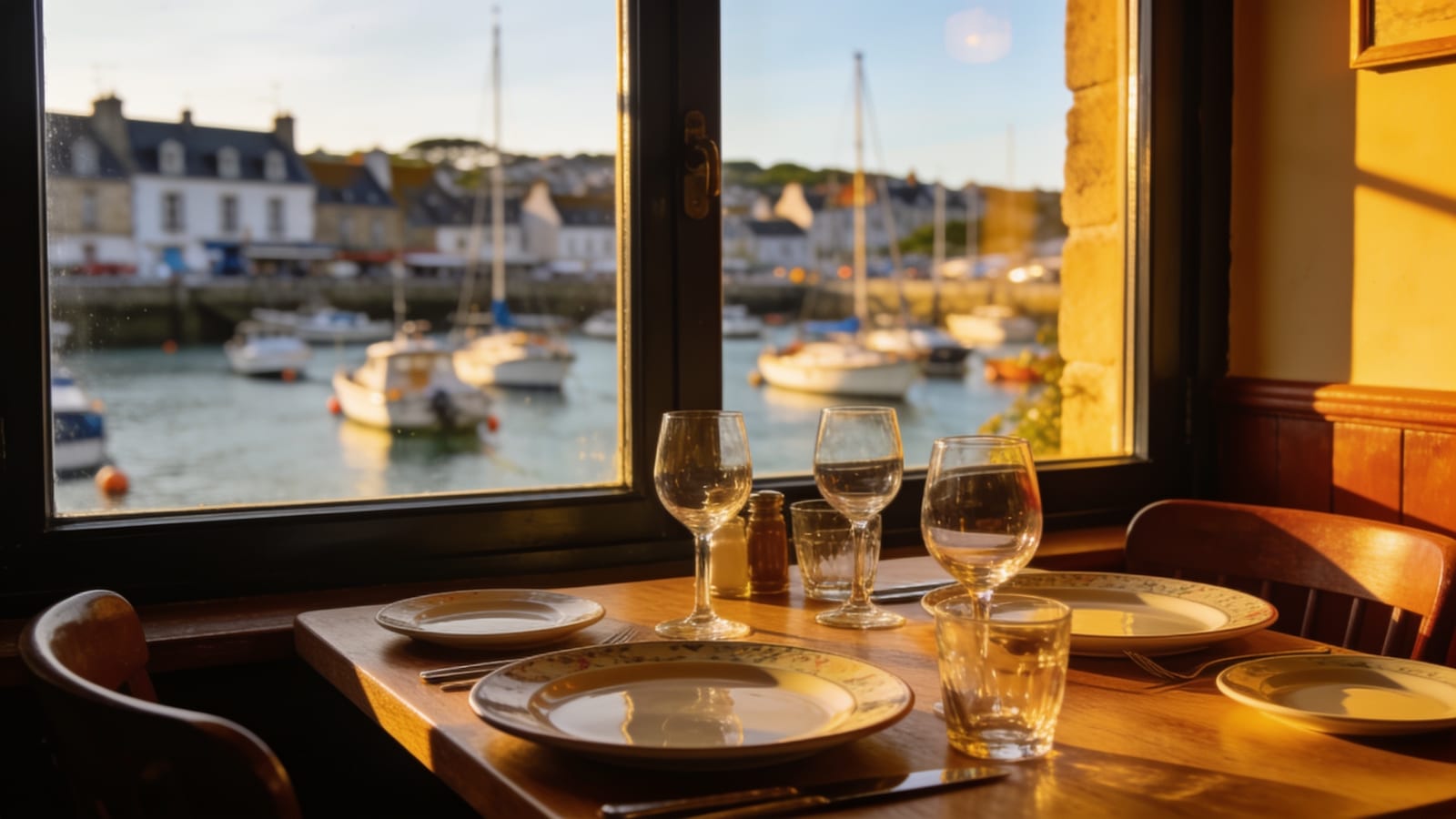 Table de restaurant dressée près d’une fenêtre avec vue sur un port breton