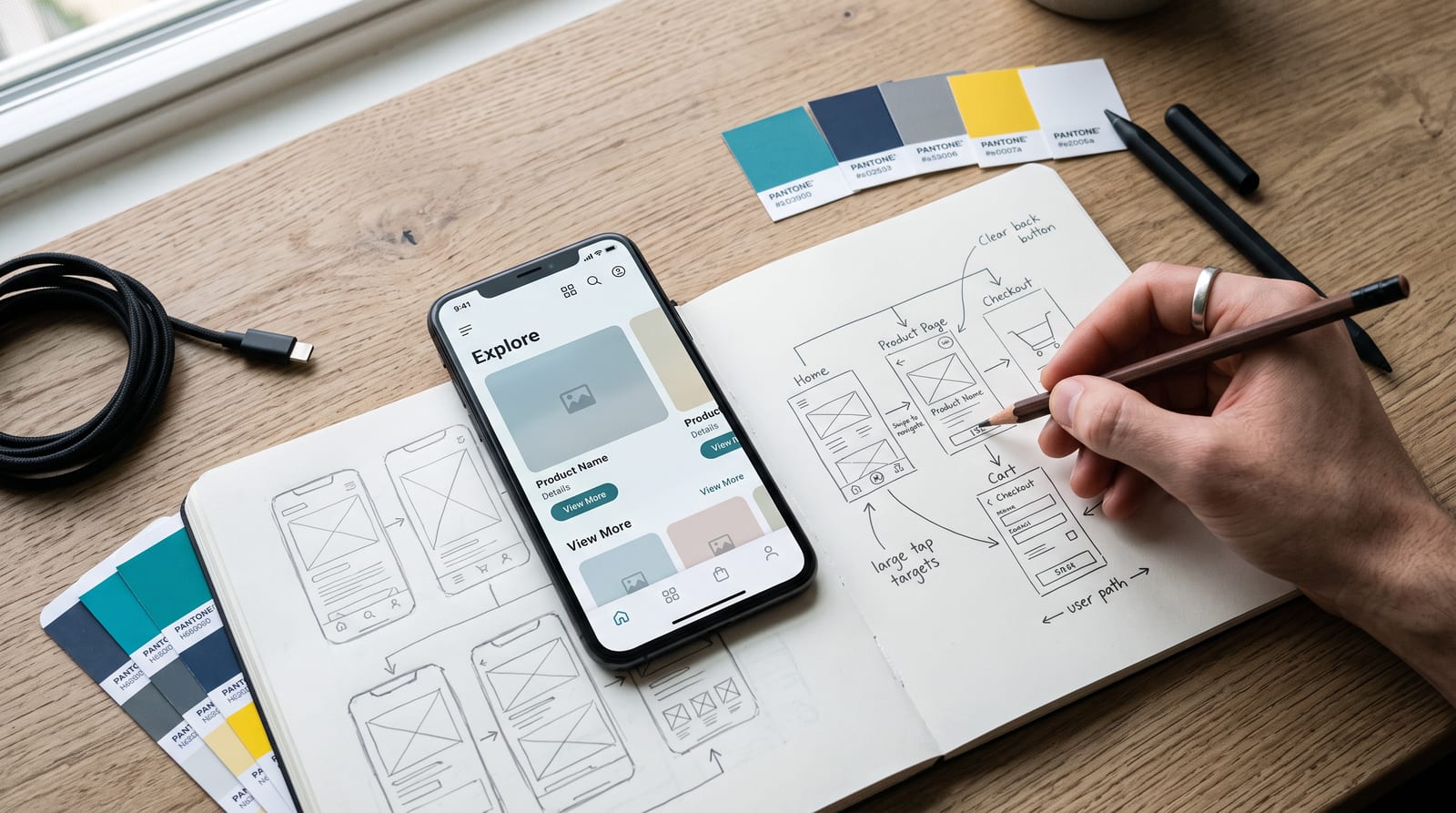 Plan de travail de conception UX/UI d'application mobile : smartphone affichant une interface épurée, croquis de wireframes et nuancier de couleurs