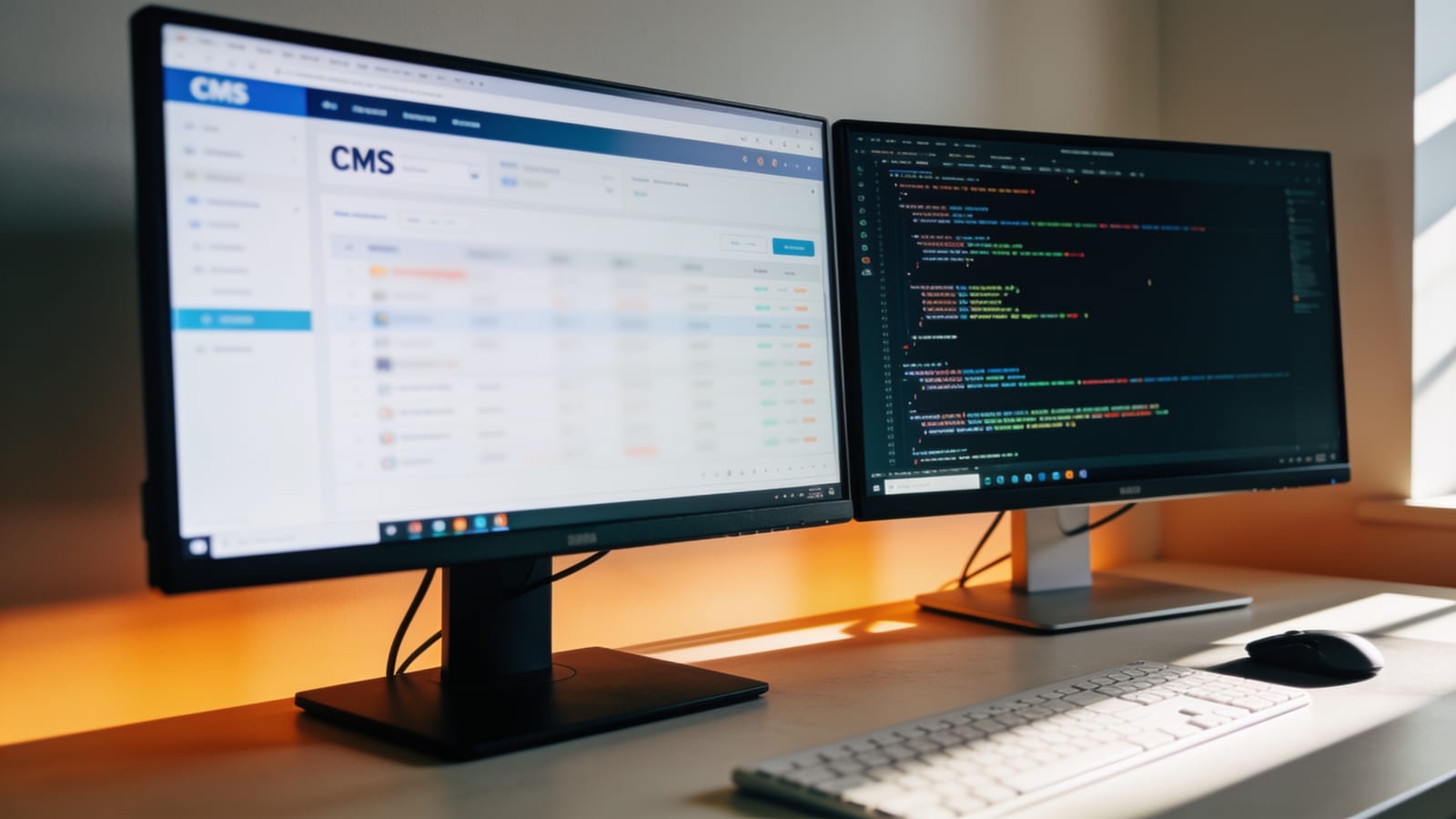 Deux écrans côte à côte : à gauche un tableau de bord CMS générique, à droite un éditeur de code